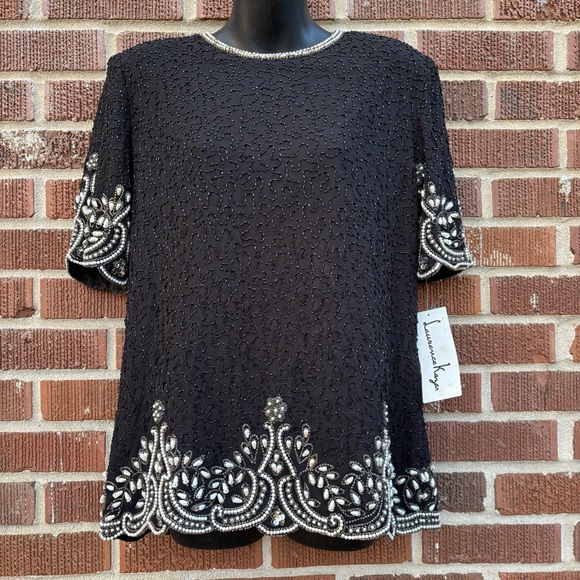 Laurence Kazar Tops - Vintage Lawrence Kazar New York NWOT Black Polyester Beaded Blouse Womens Sz L